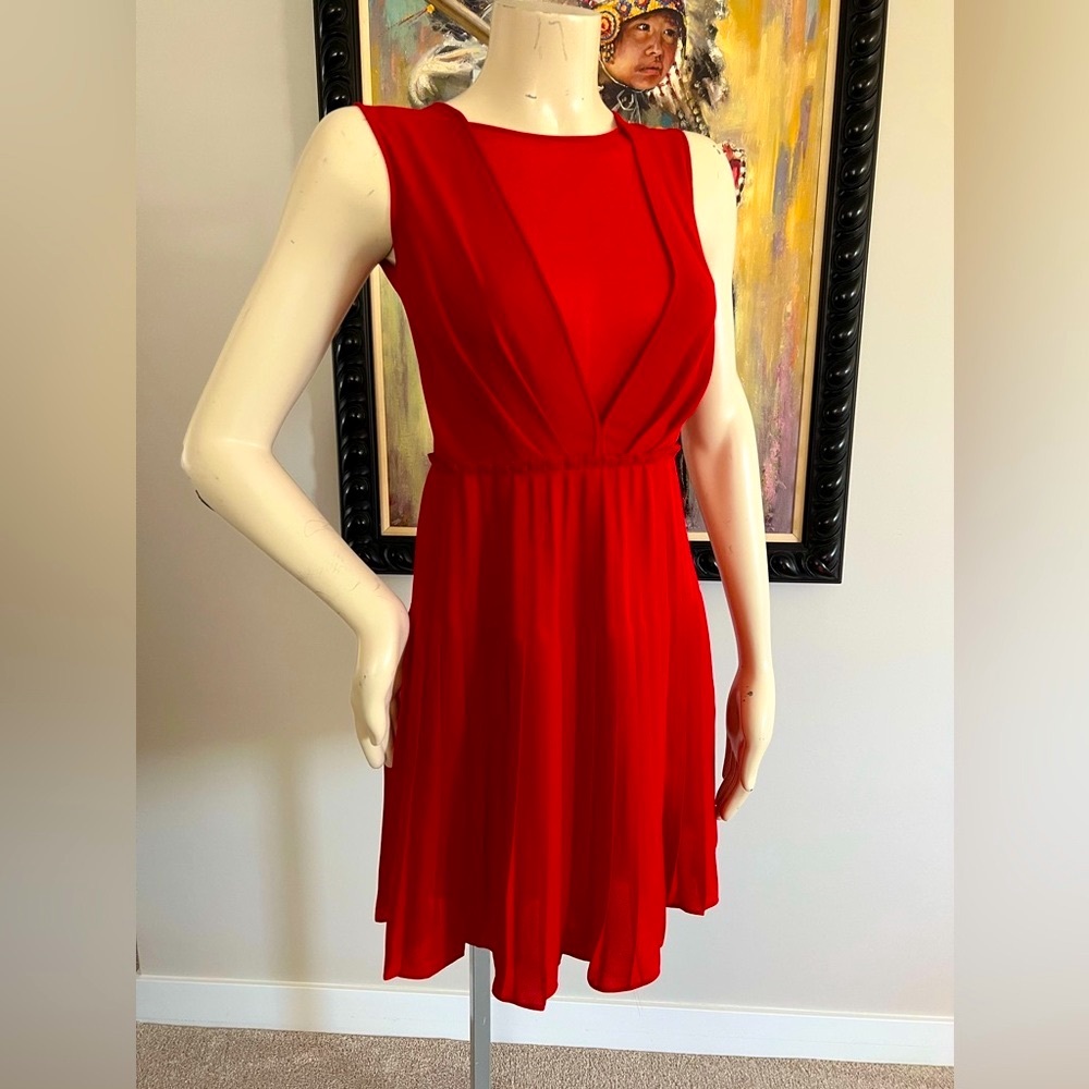 NWT BCBGMaxAzria “Freja” Red Sheer Panel Pleated Dress - Picture 3 of 11